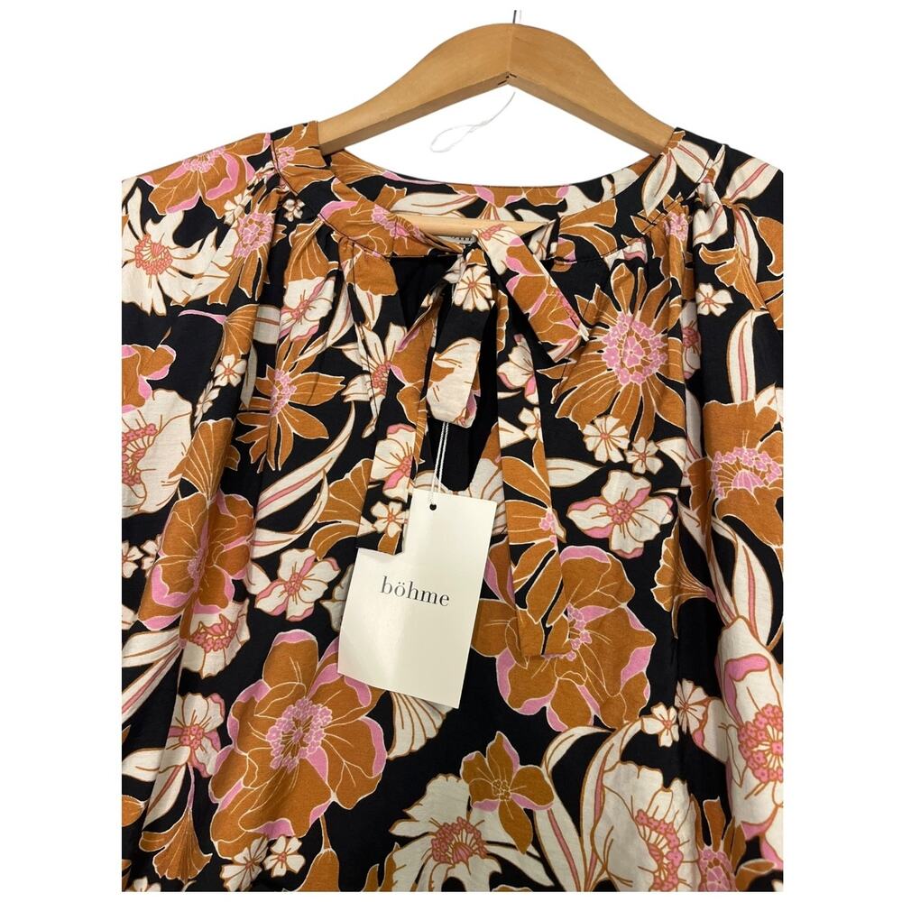 New Bohme Womens Medium Black Orange Floral Midi Dress Boho Belted Flowy Beachy - Picture 8 of 12